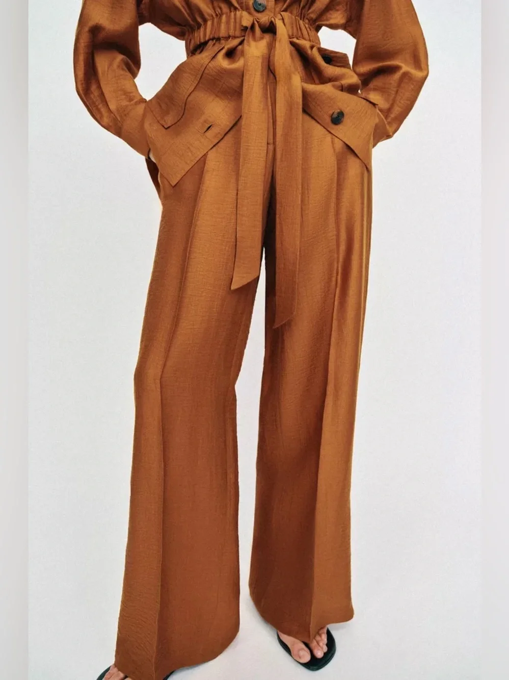Zara Wide-Leg Paperbag Trousers/ pants Linen blended  in Warm Rust. POP